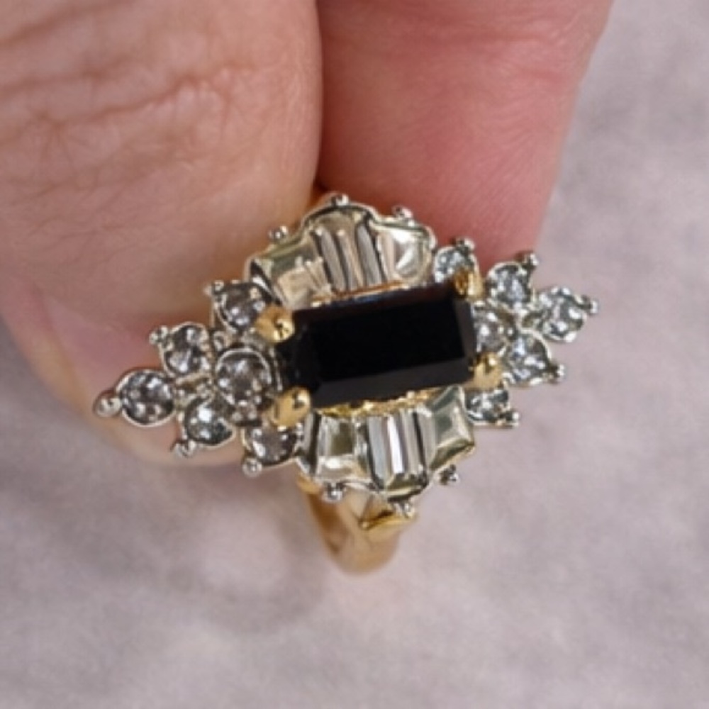 Gold-Tone Black Crystal Halo Cocktail Ring